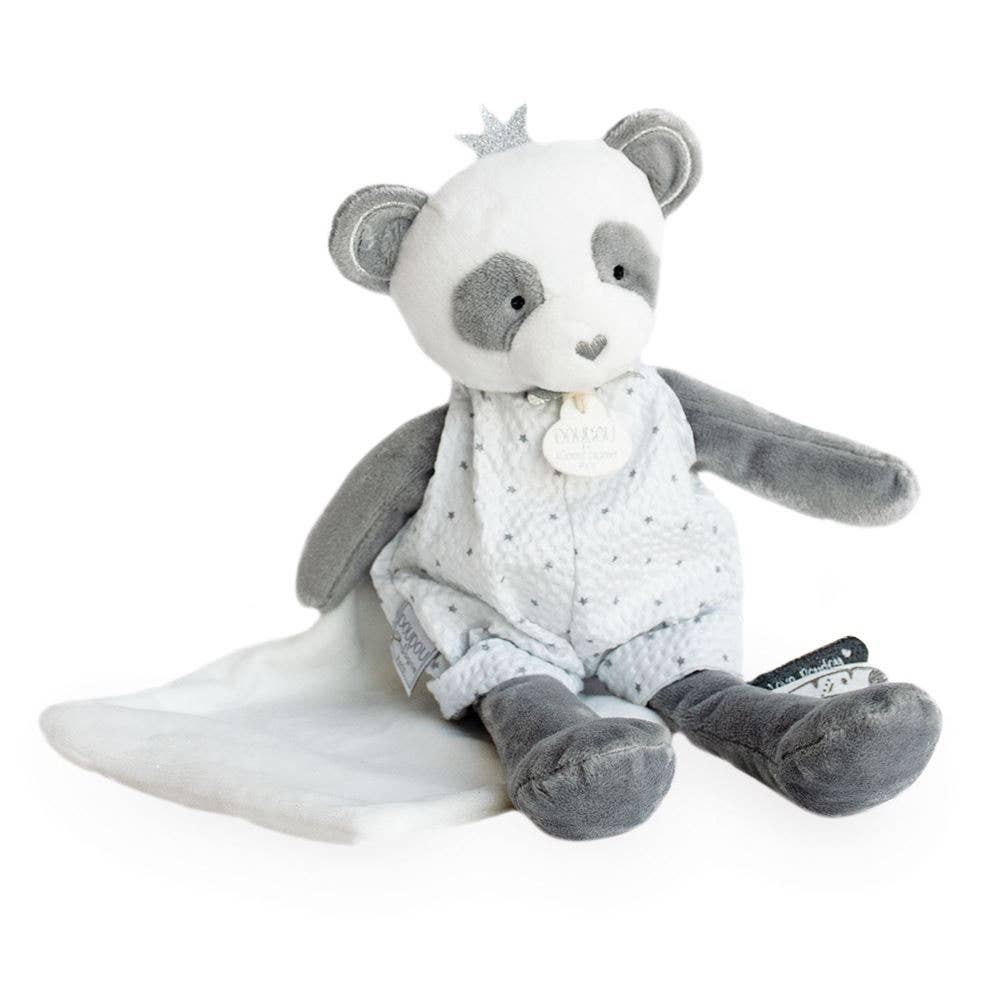 Panda plush toy with white polka dot jumper and silver crown