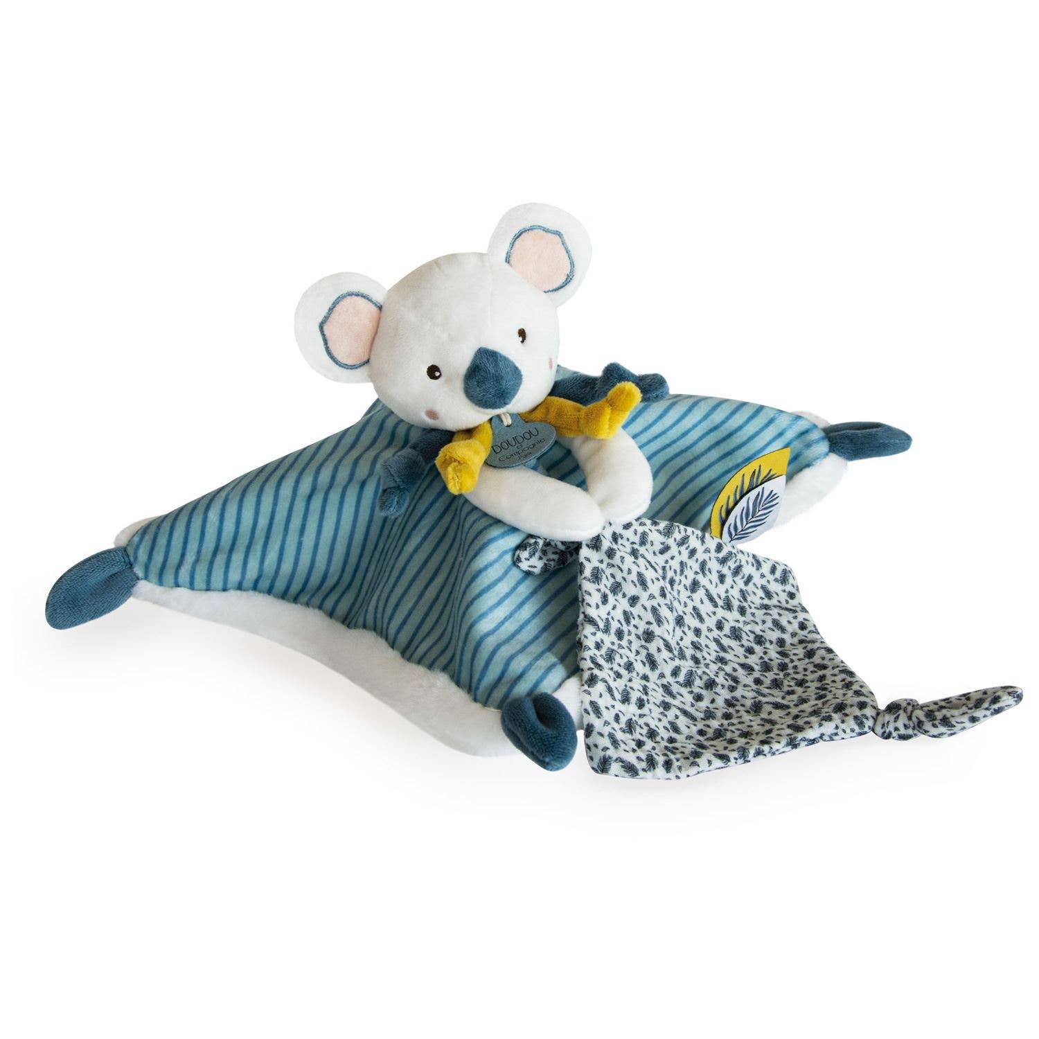 Yoka the Koala Doudou Toy with Blue Stripes and Forest Pattern