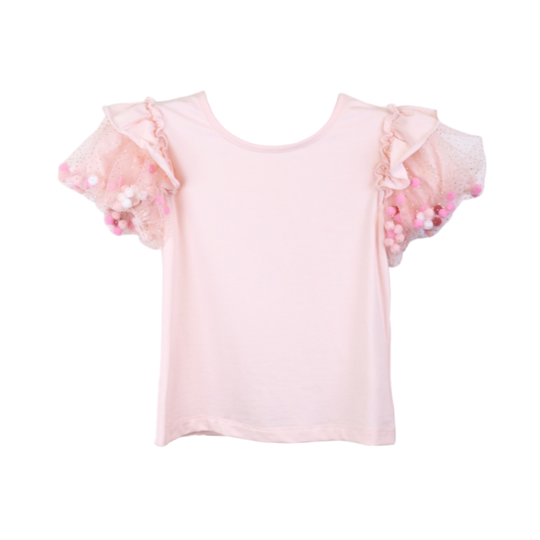 Girl's pink t-shirt with pom pom puff sleeves