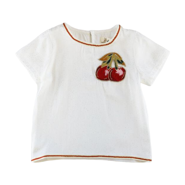 Girl's white top with cherry embroidery and silver dots