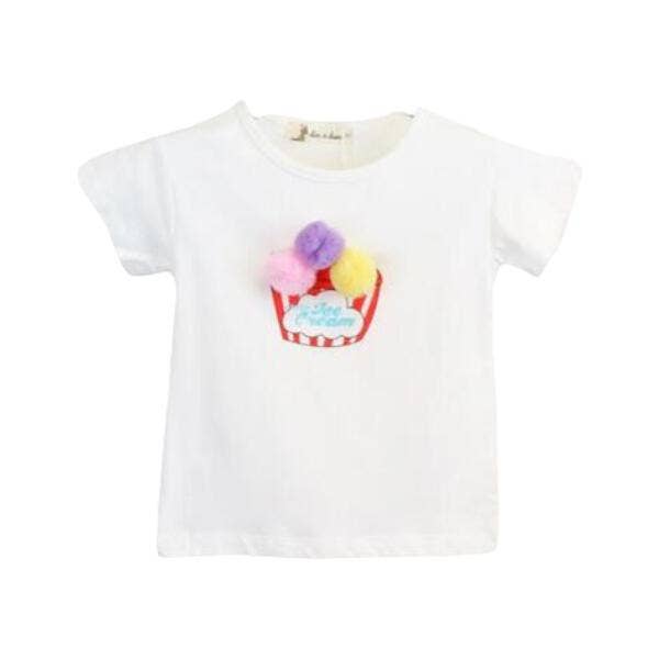 Toddler white t-shirt with colorful pom pom ice-cream design