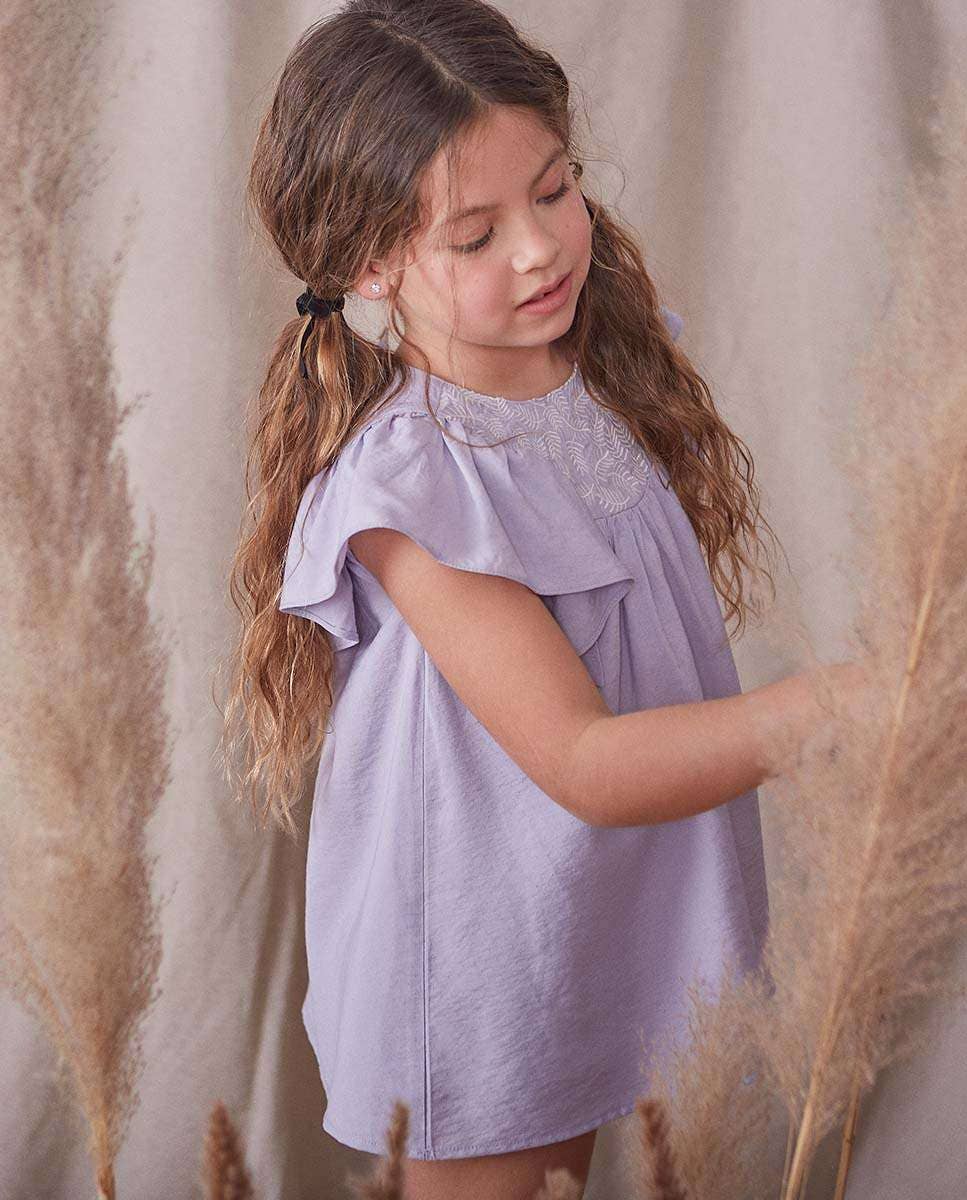 Girl's Dress With Ruffle Sleeves And Embroidered Yoke: Lilac - CapuletKids
