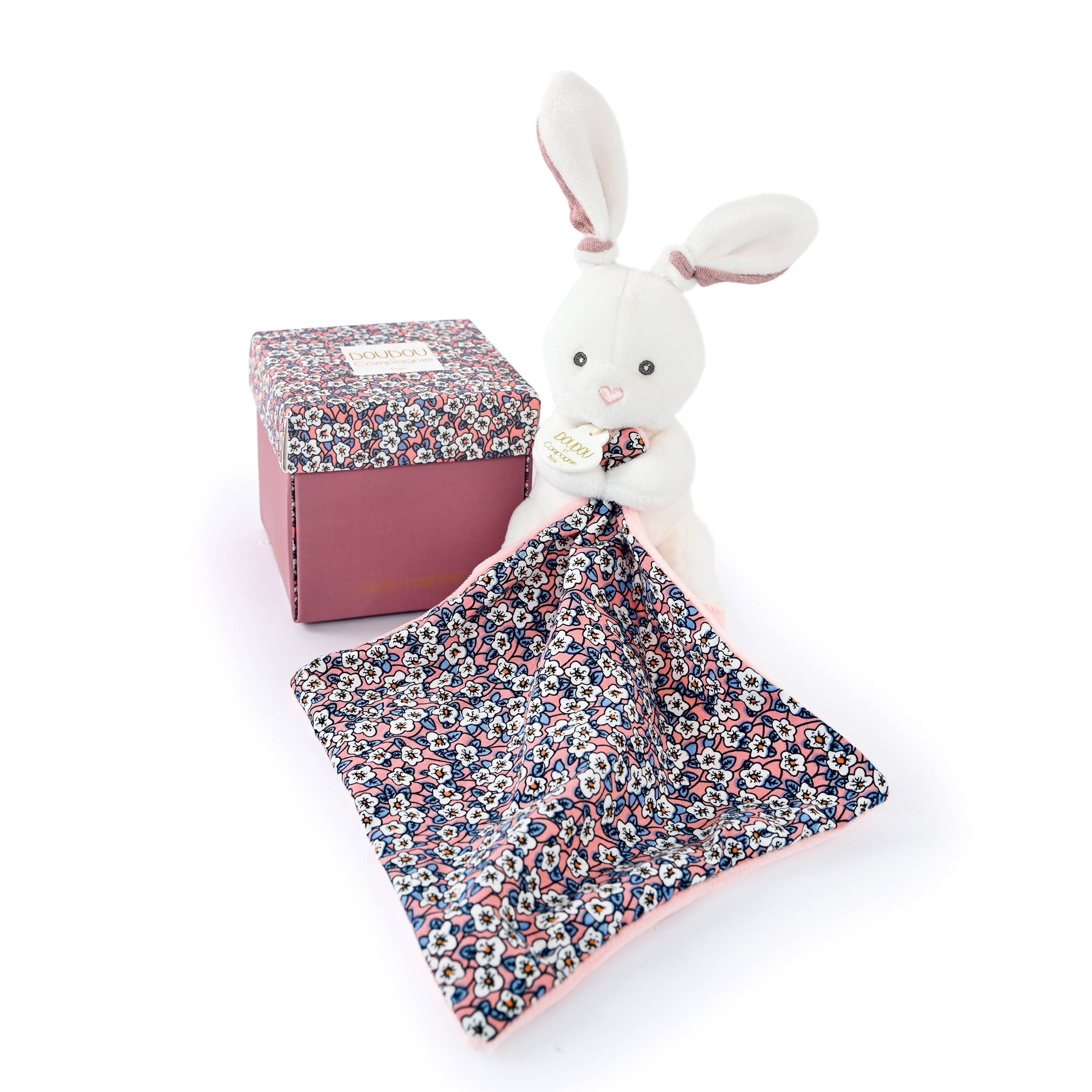 Doudou et Compagnie Pink Bunny Puppet with Floral Print