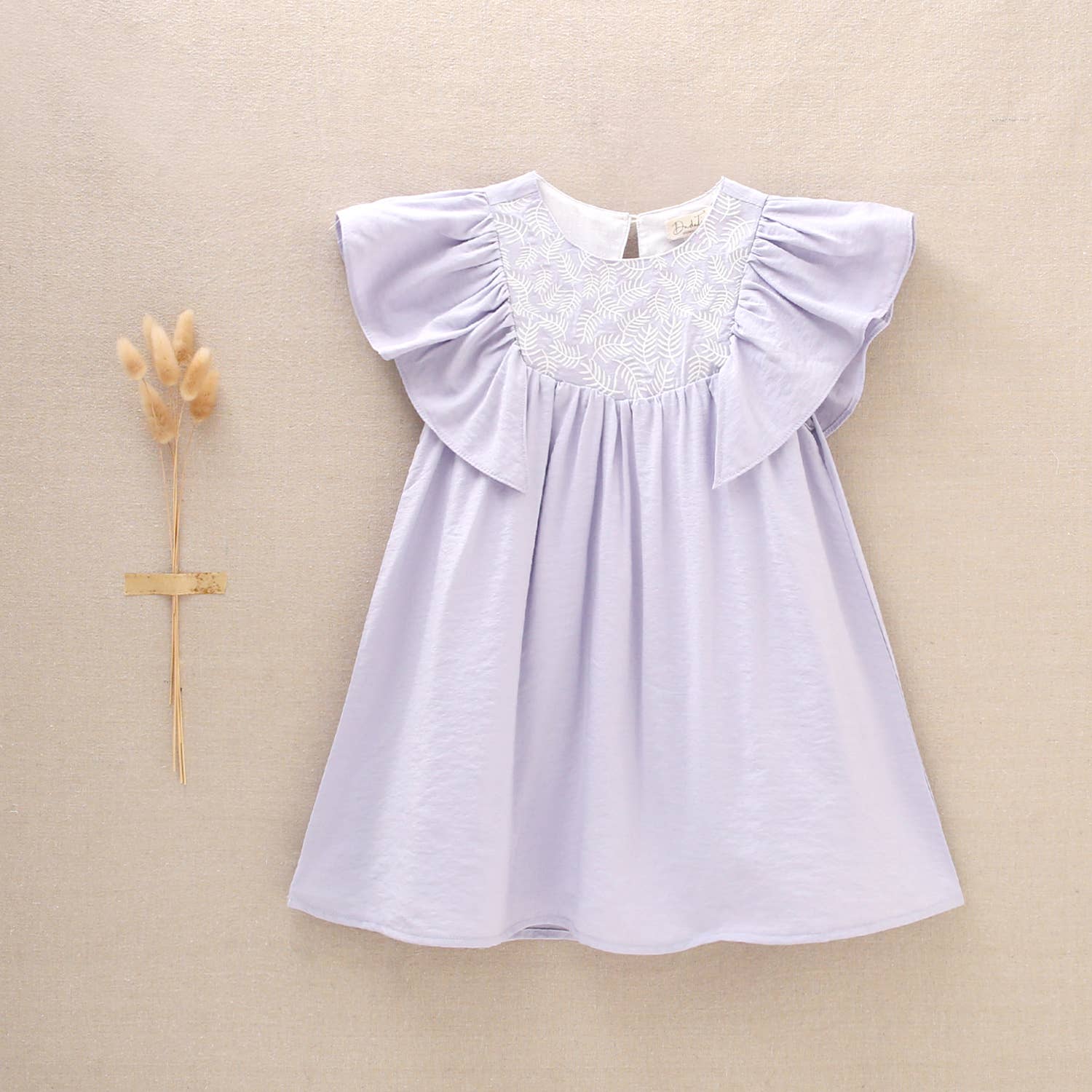 Girl's Dress With Ruffle Sleeves And Embroidered Yoke: Lilac - CapuletKids