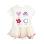 Toddler girl's white t-shirt dress with colorful graphics and pom pom mesh hem