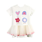 Toddler girl's white t-shirt dress with colorful graphics and pom pom mesh hem