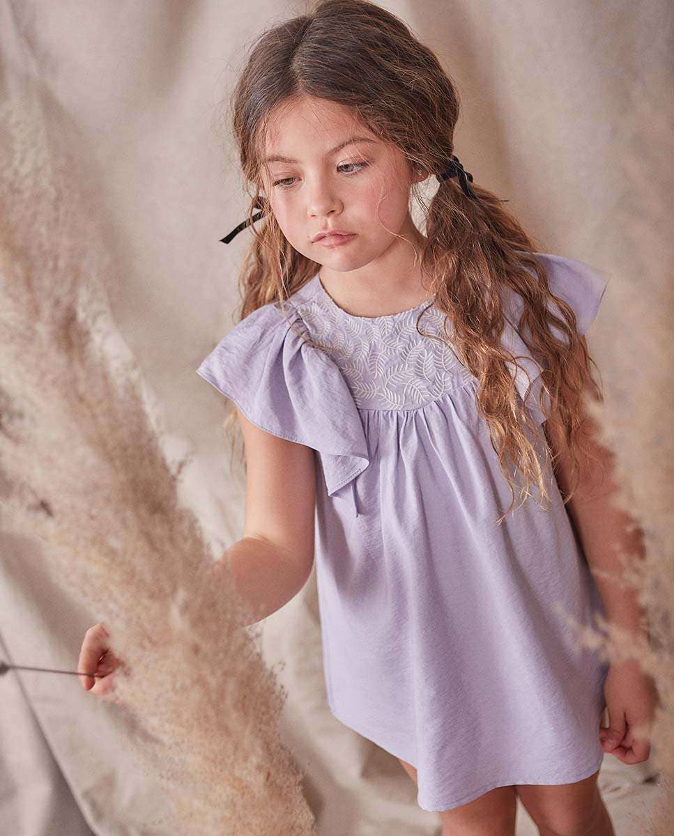 Girl's Dress With Ruffle Sleeves And Embroidered Yoke: Lilac - CapuletKids