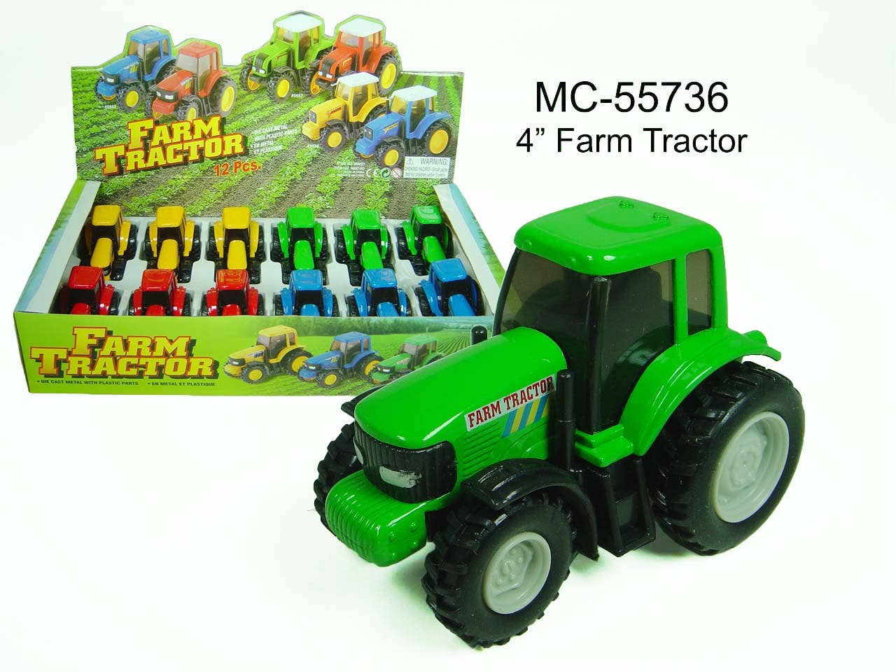 Colorful diecast farm tractors in display box
