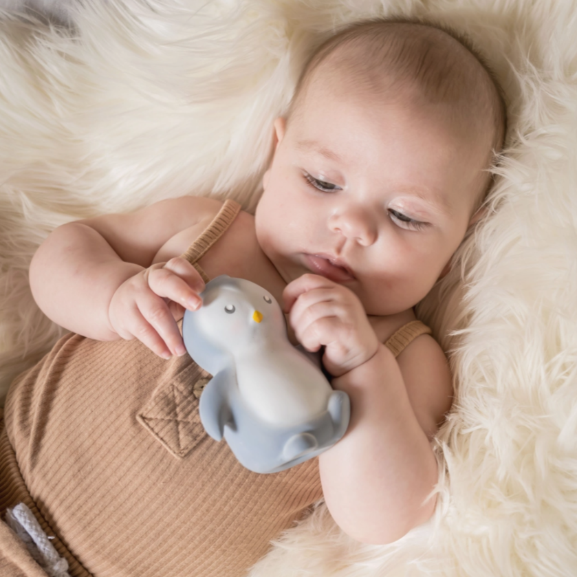 Newborn baby holding a grey Arctic Penguin rubber teether