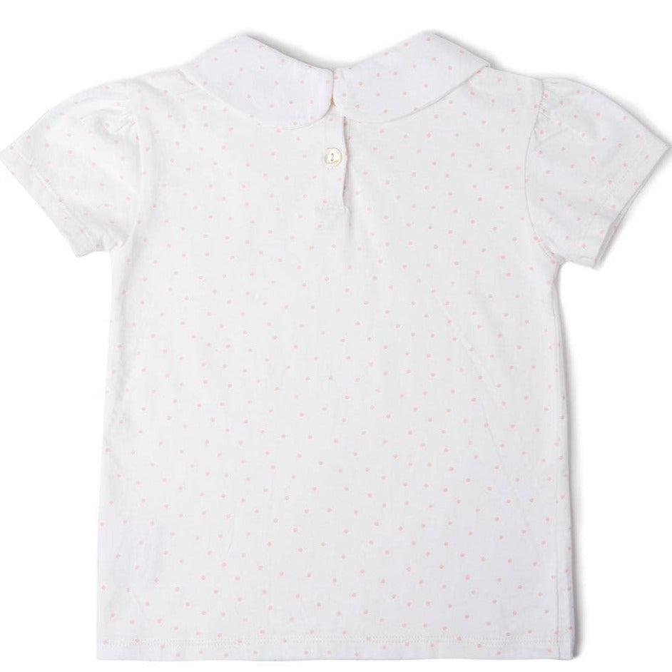 Dotty Dungarees / Short Sleeved Peter Pan Collar T-Shirt Blouse Top With Pink Spots for Baby Girls and Girls 2Y - 8Y