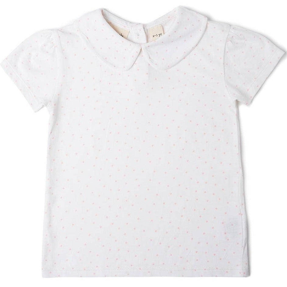 Dotty Dungarees / Short Sleeved Peter Pan Collar T-Shirt Blouse Top With Pink Spots for Baby Girls and Girls 2Y - 8Y