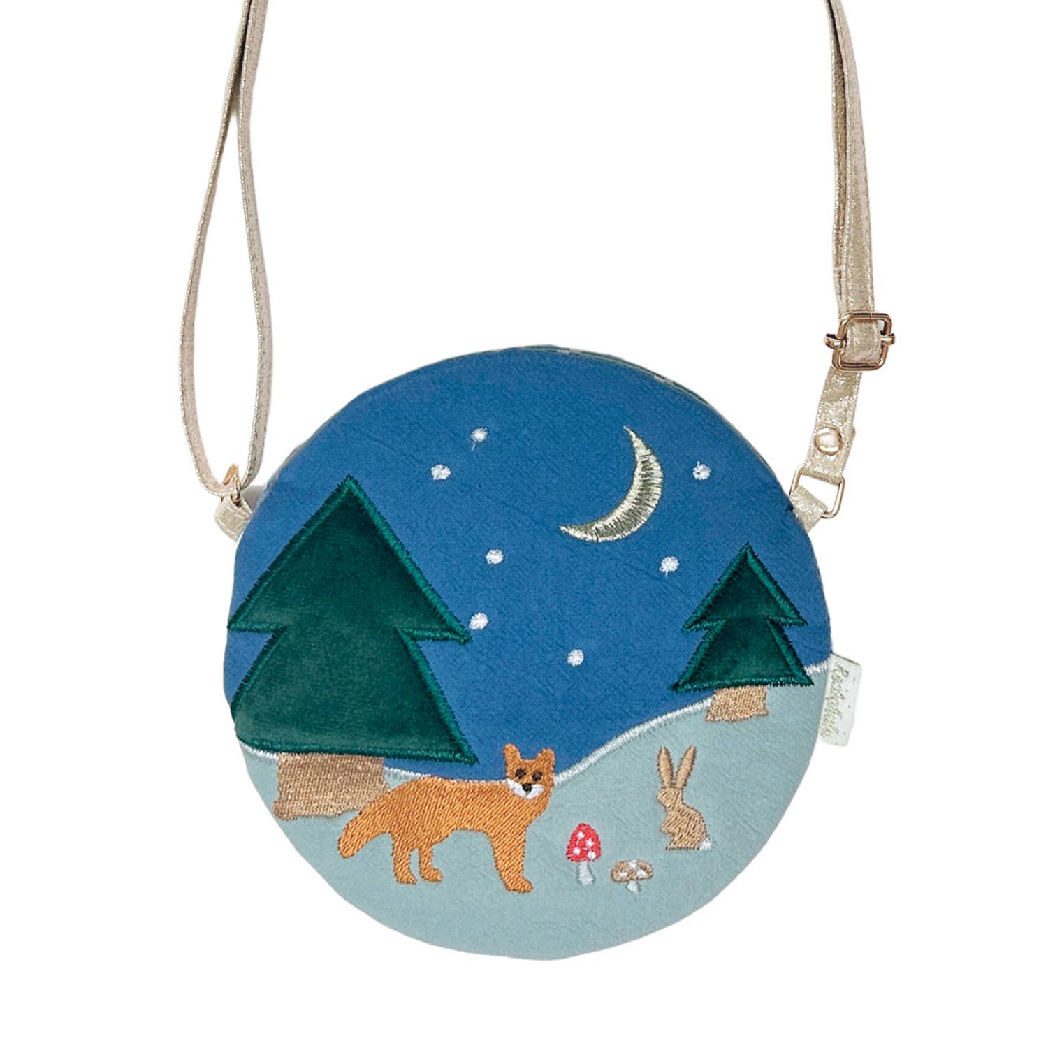 Blue round crossbody bag with embroidered woodland animals and trees