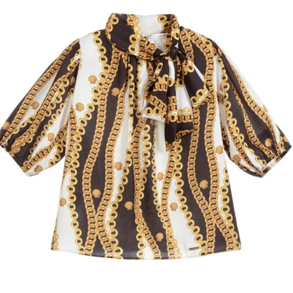 Loredana Silk Top With Chain Pattern and Bow Neckline for Girls 7-8Y