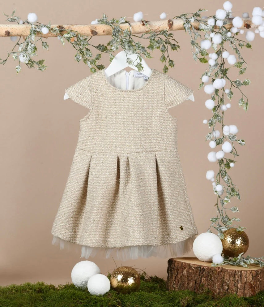 Bébé Sweeny Carla Girls Gold Tweed & Tulle Dress For Mini Girls 2 Y