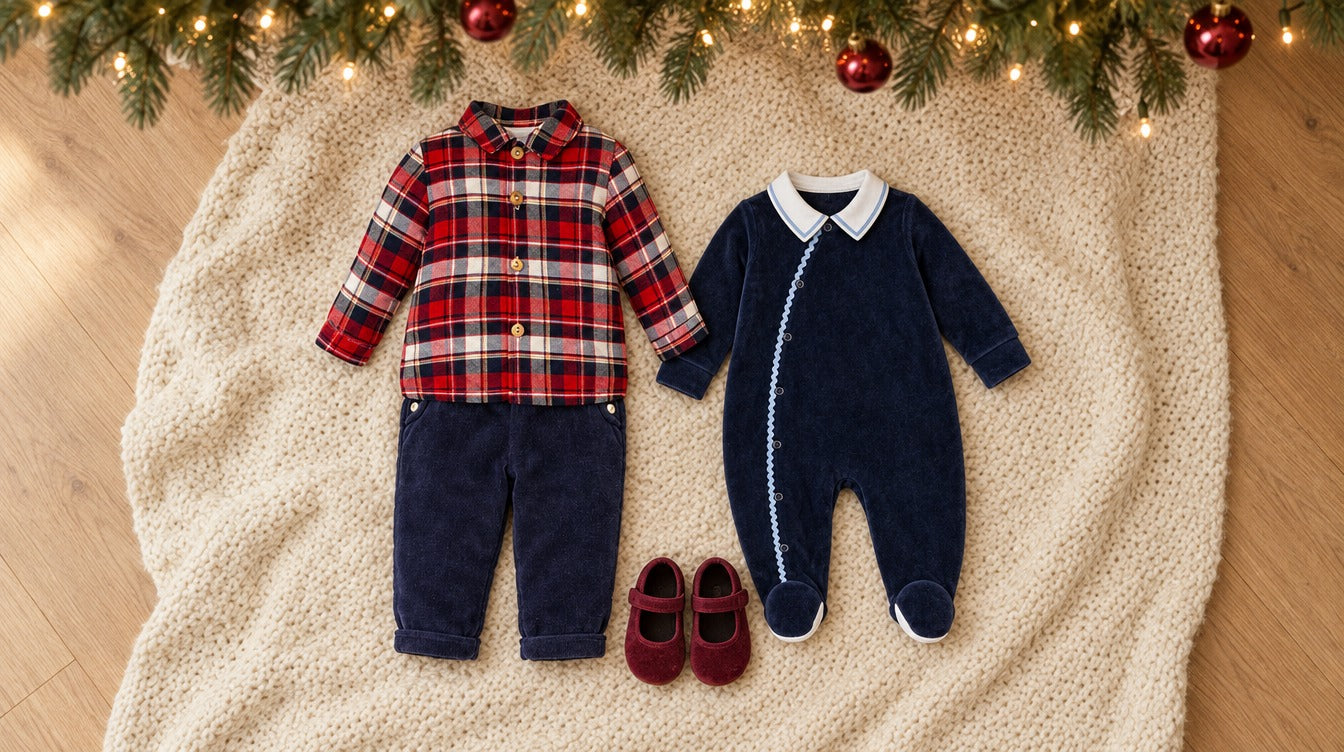 Red plaid shirt and navy corduroy pants, a navy velour baby one-piece with a white collar and burgundy velvet Mary Janes on a cream blanket under a Christmas tree