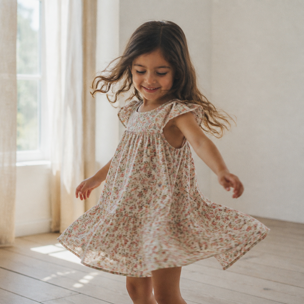 Girl turning in a floral cotton dress in daylight