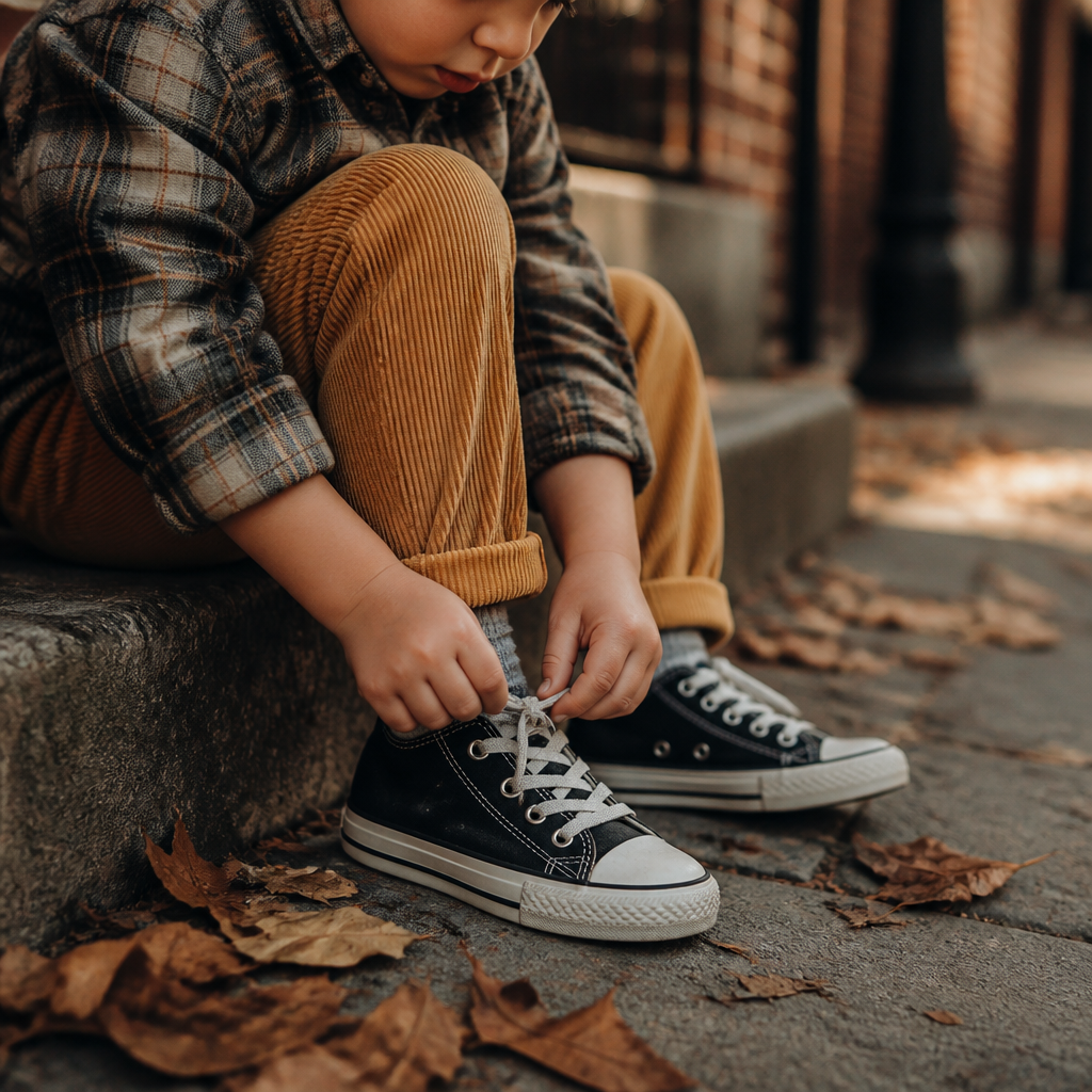 Child in corduroy trousers tying sneakers on a stone step