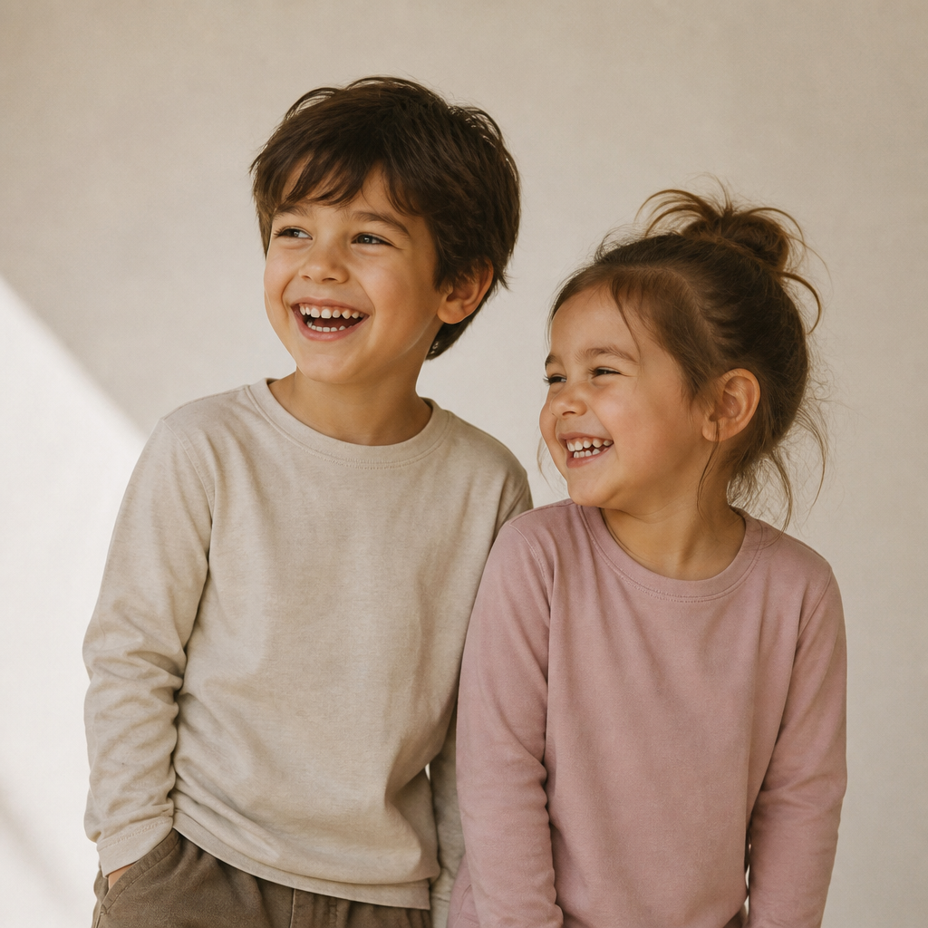 Two children laughing in plain cotton long sleeve tops