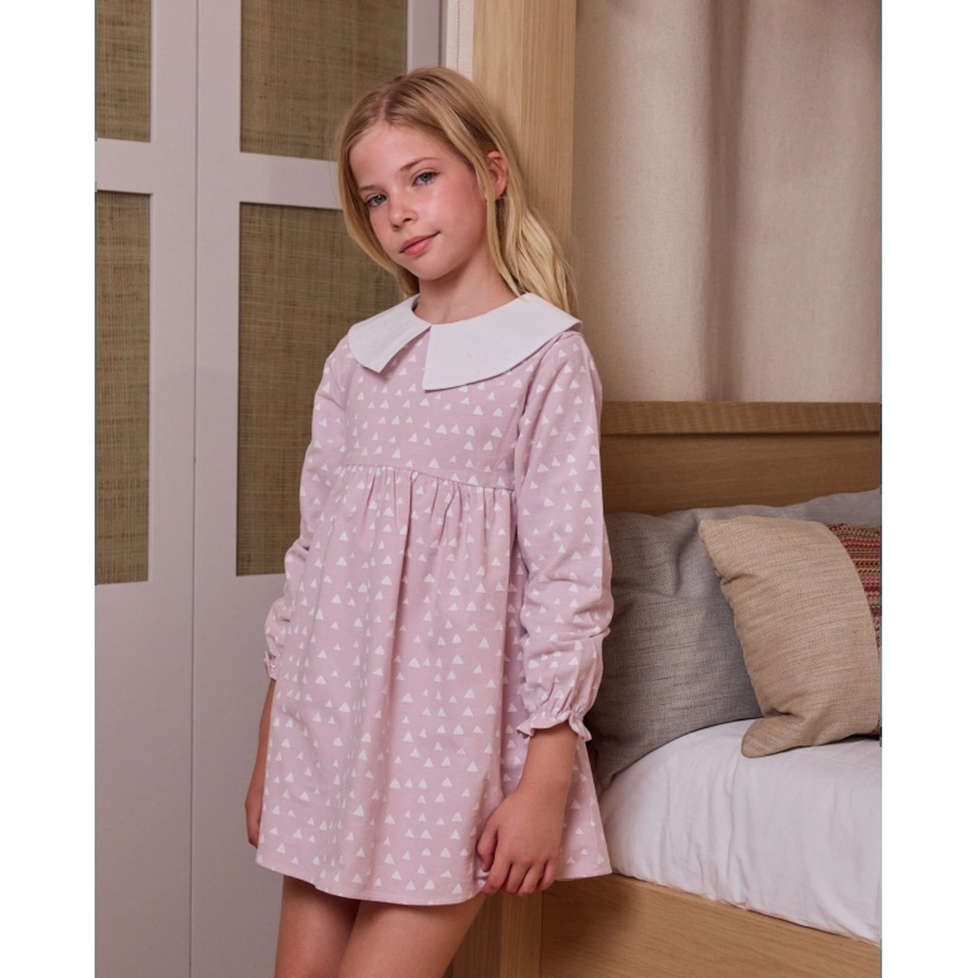 Girls Flannel Dress with Peter Pan Collar - Dusty Pink