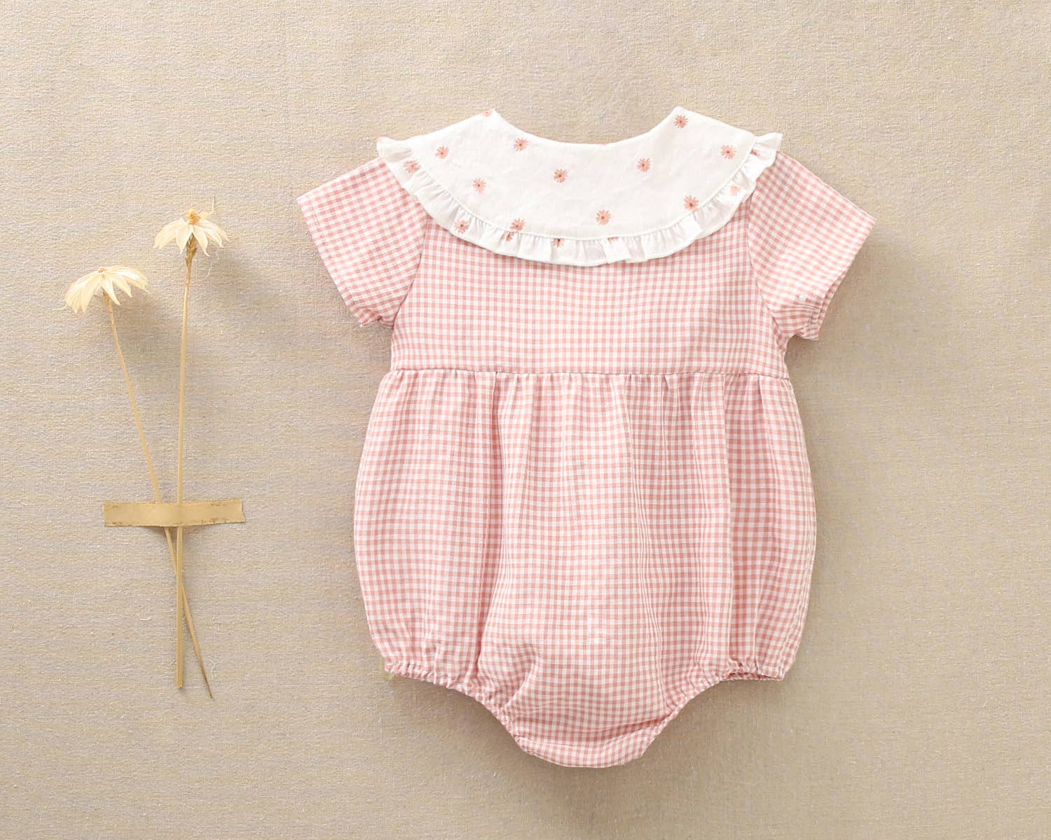 Vichy Checkered Baby Girl's Frog with Contrast Collar: 3 Months / Rose - CapuletKids