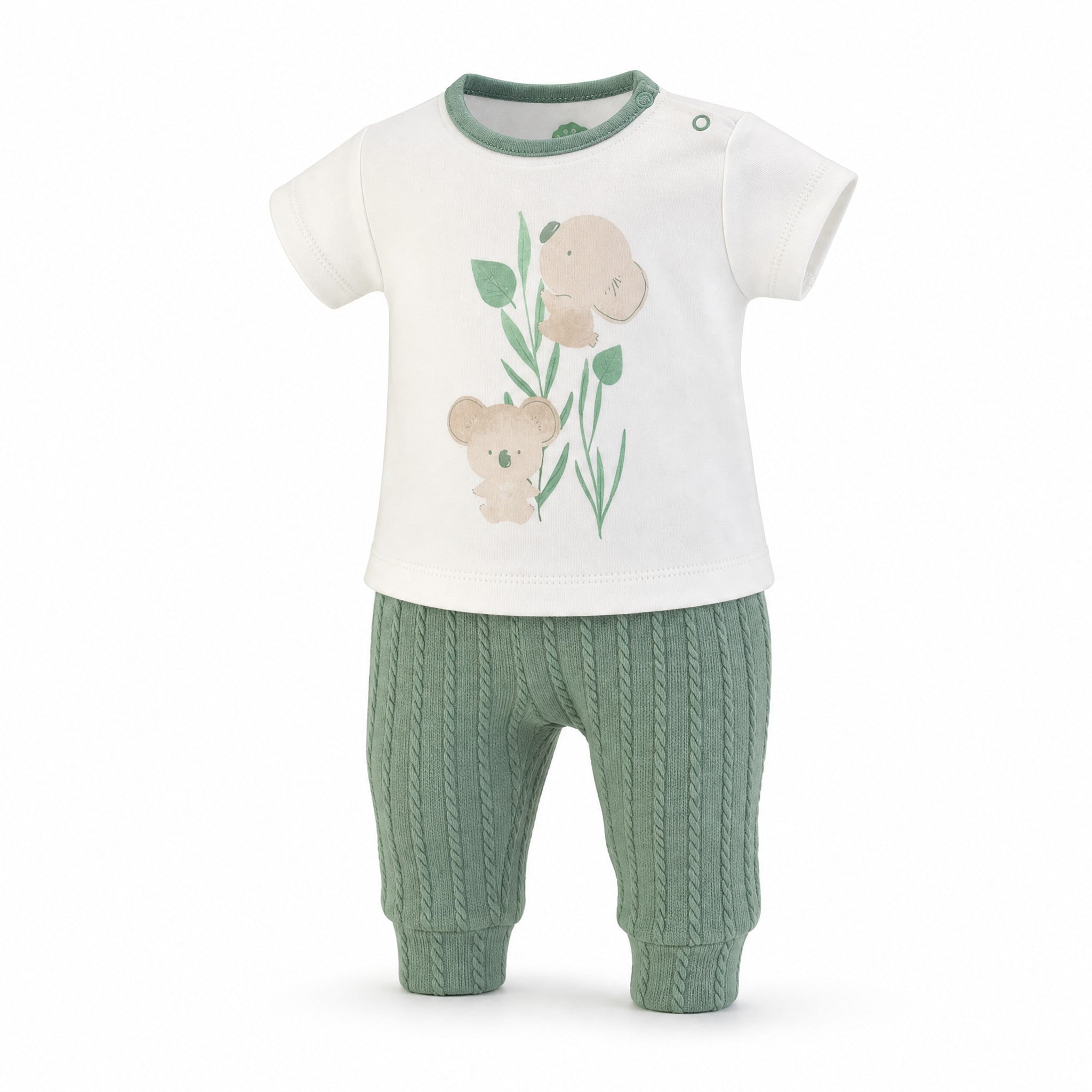 FS Baby Koala and Elephant Tee with Green Knit Pants Set, three quarter view