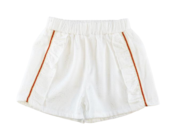 Toddler girl's white ruffle shorts with silver dots and orange lurex straps