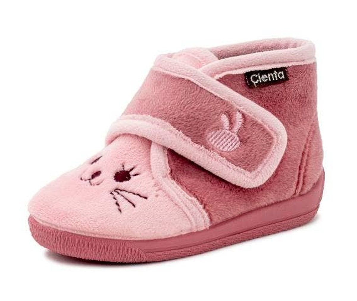 Pink kitty slipper bootie for toddlers with a hook-and-loop strap