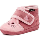 Pink kitty slipper bootie for toddlers with a hook-and-loop strap
