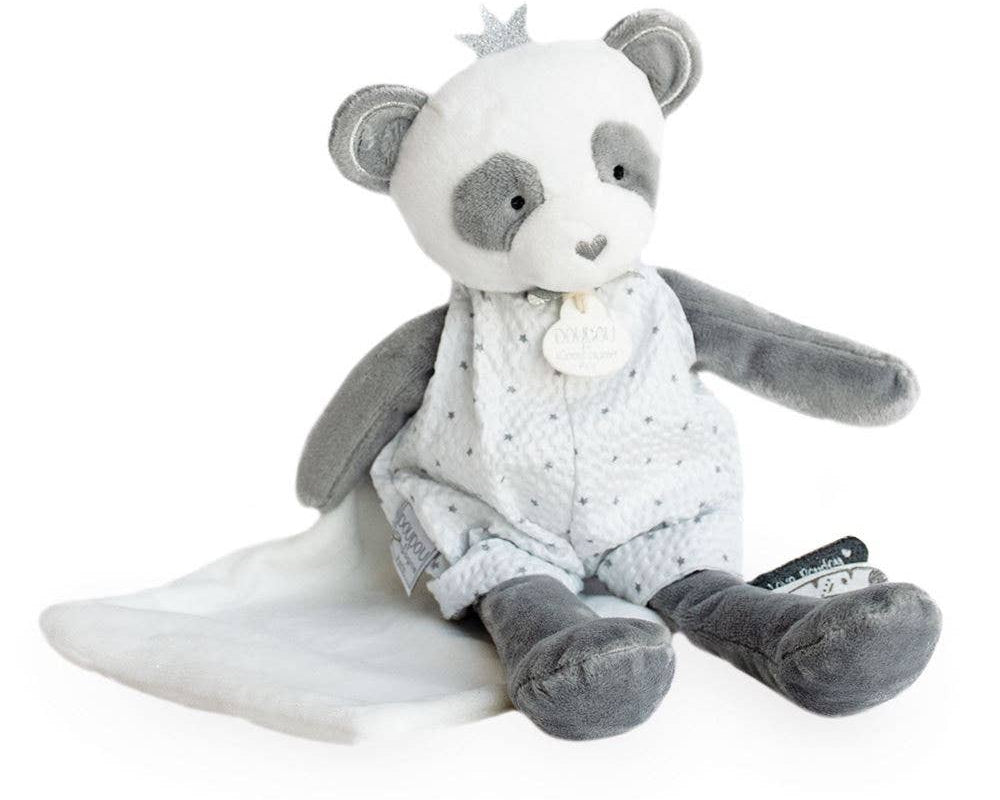 Panda plush toy with white polka dot jumper and silver crown