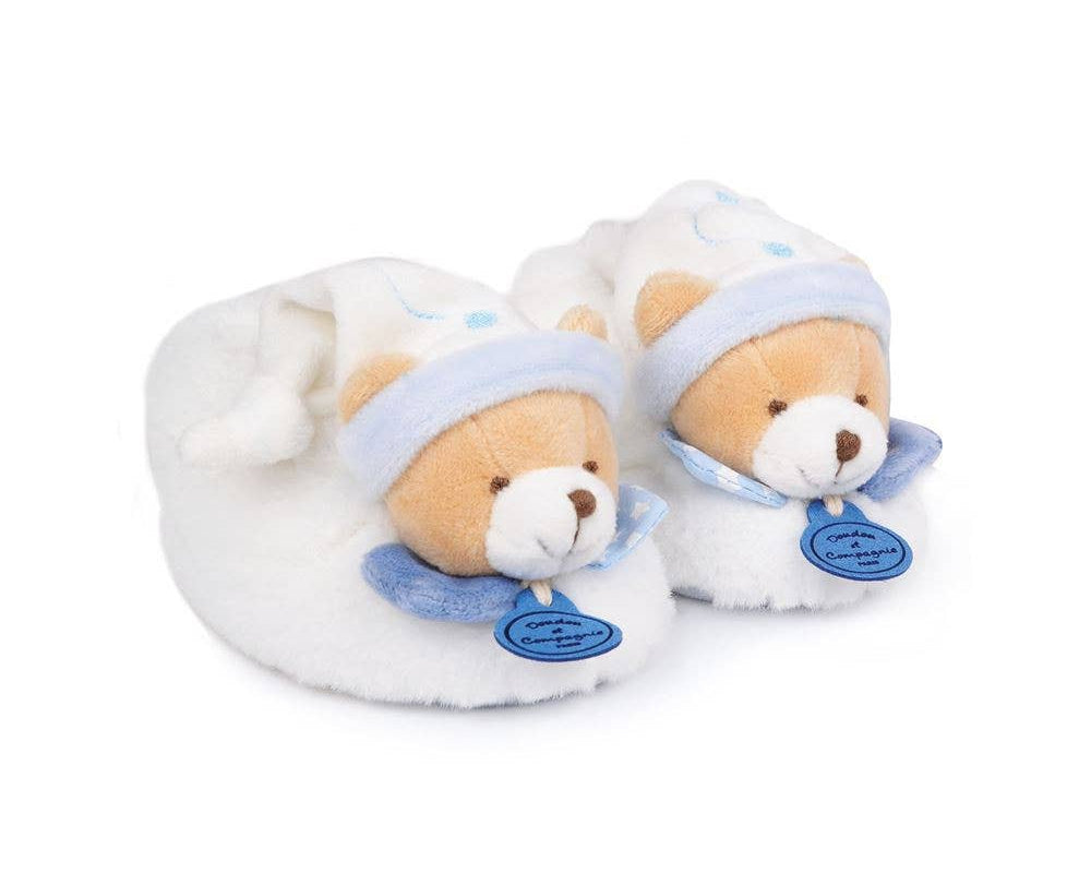 Doudou et Compagnie Blue Bear Baby Booties in white and blue