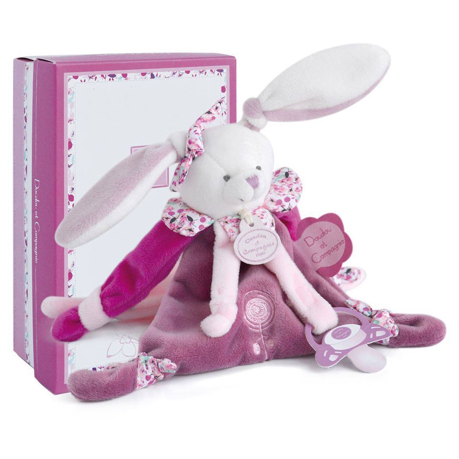 Cherry the Bunny pacifier holder in magenta dress with gift box