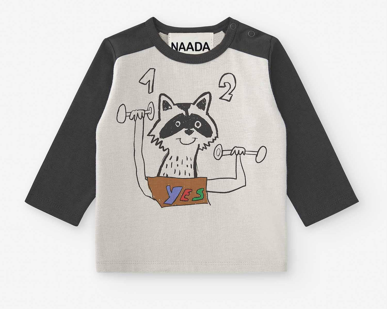 Toddler light gray t-shirt with raccoon workout print