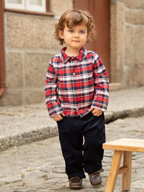 Minhon Boys Plaid Shirt and Corduroy Pants Set Red and Navy, on model