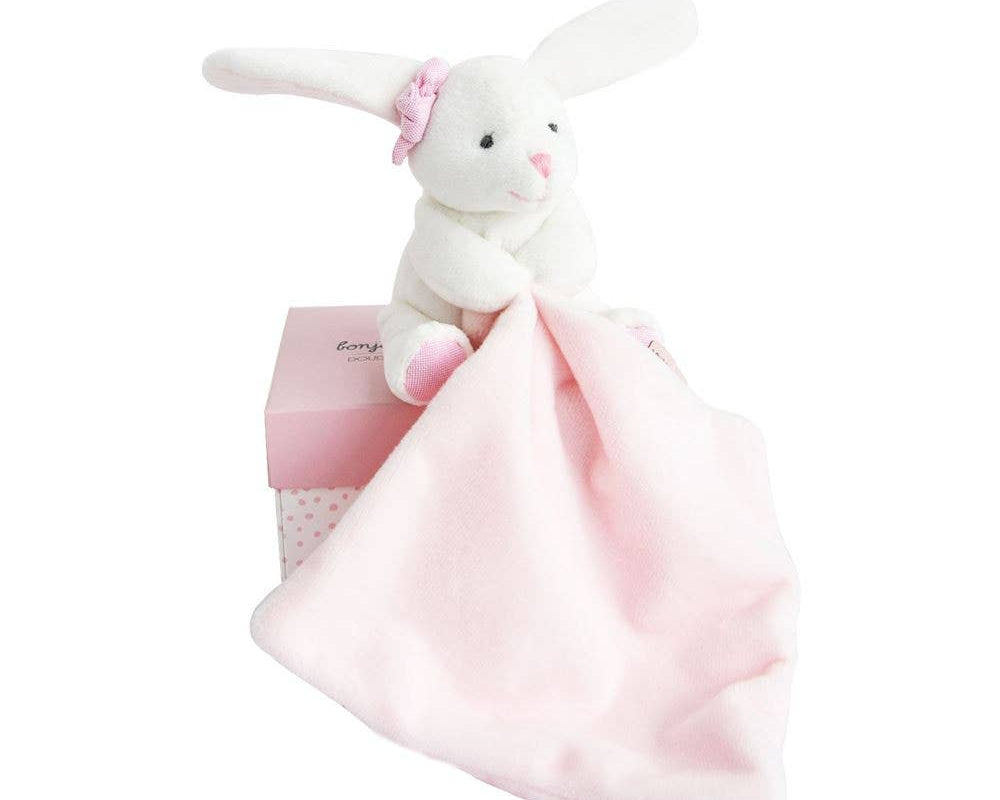 Pink Hello Baby Blanket with Plush Bunny