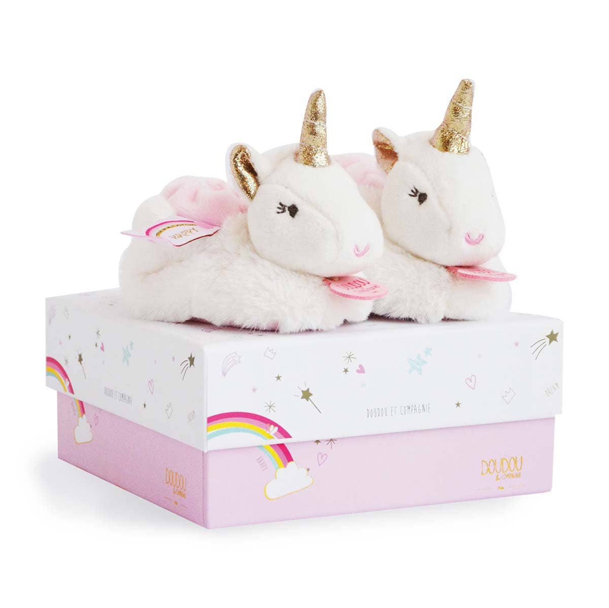 Unicorn Baby Booties with Gold Horn and Pink Details in Gift Box