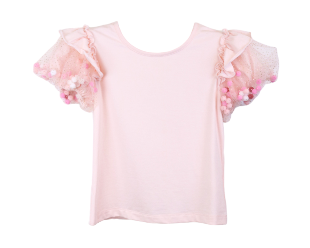 Girl's pink t-shirt with pom pom puff sleeves