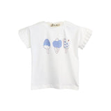 Toddler white t-shirt with blue and purple ice-cream print and ruffle sleeves