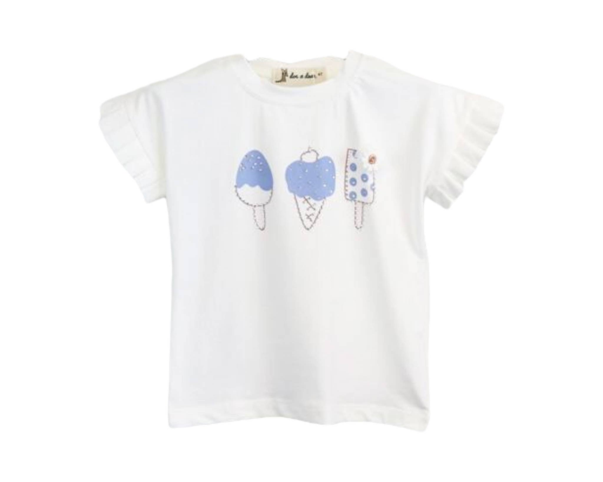 Toddler white t-shirt with blue and purple ice-cream print and ruffle sleeves