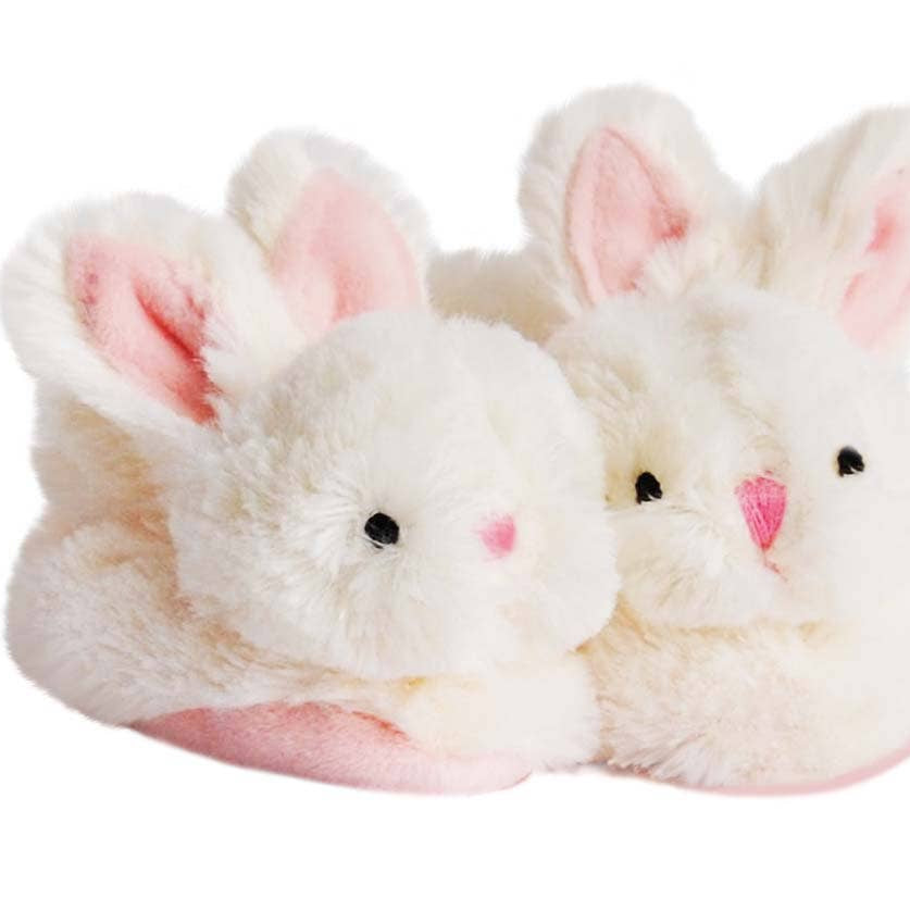 Soft pink bunny slippers for babies with rattle feature