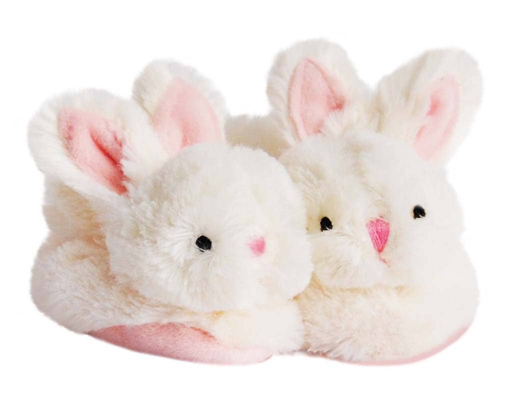 Soft pink bunny slippers for babies with rattle feature