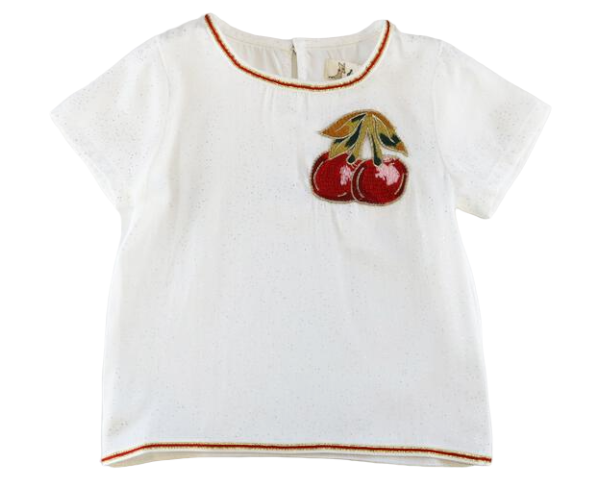 Girl's white top with cherry embroidery and silver dots