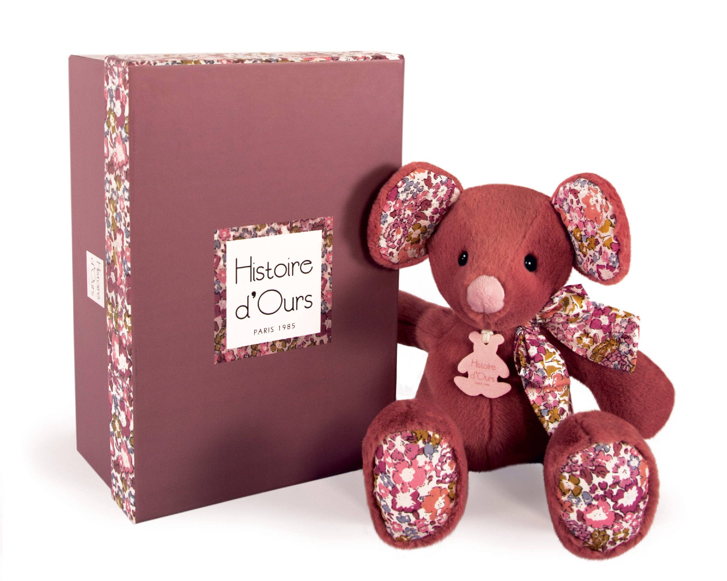 Terracotta mouse toy with floral patterns in a decorative box