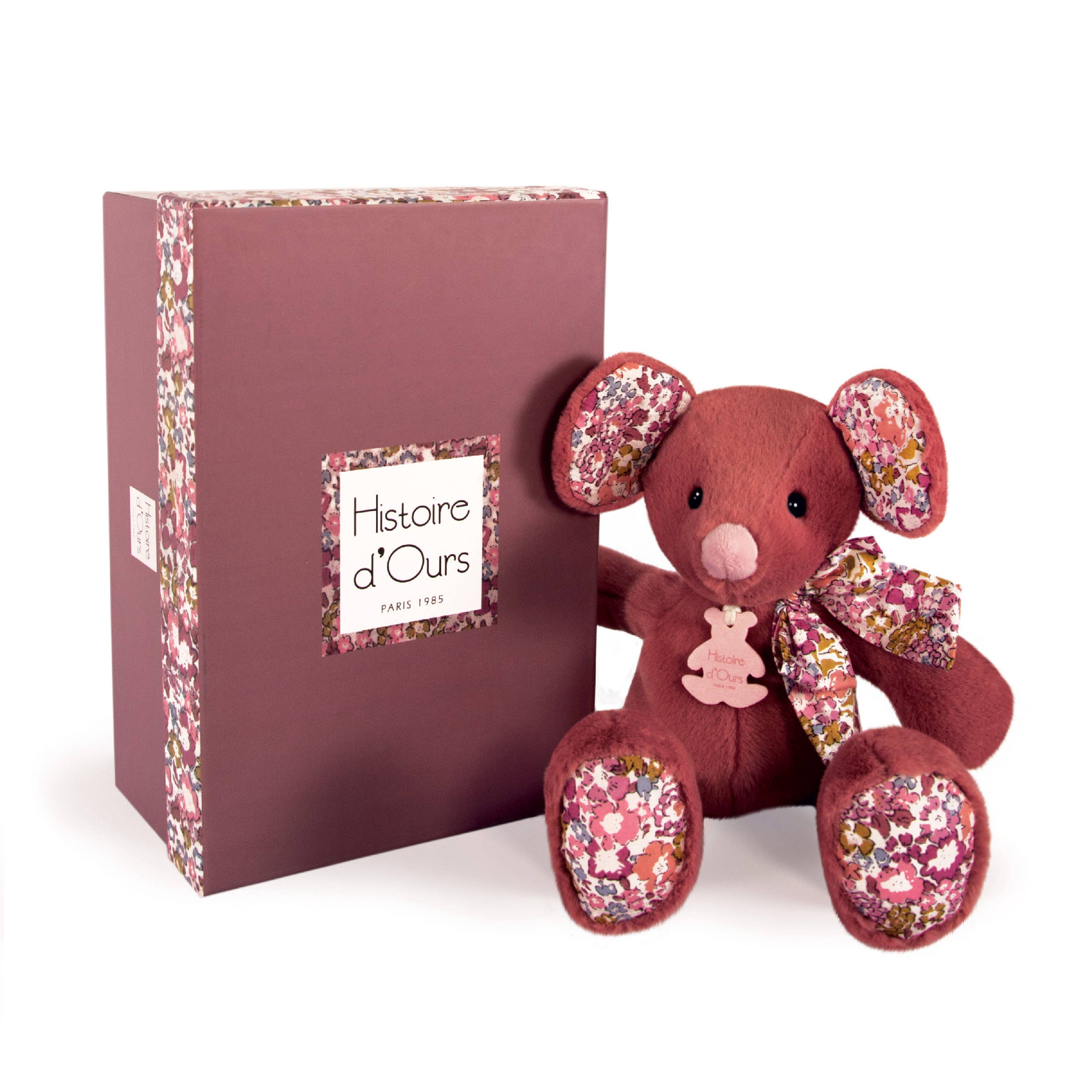 Terracotta mouse toy with floral patterns in a decorative box
