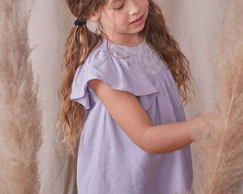 Girl's Dress With Ruffle Sleeves And Embroidered Yoke: Lilac - CapuletKids