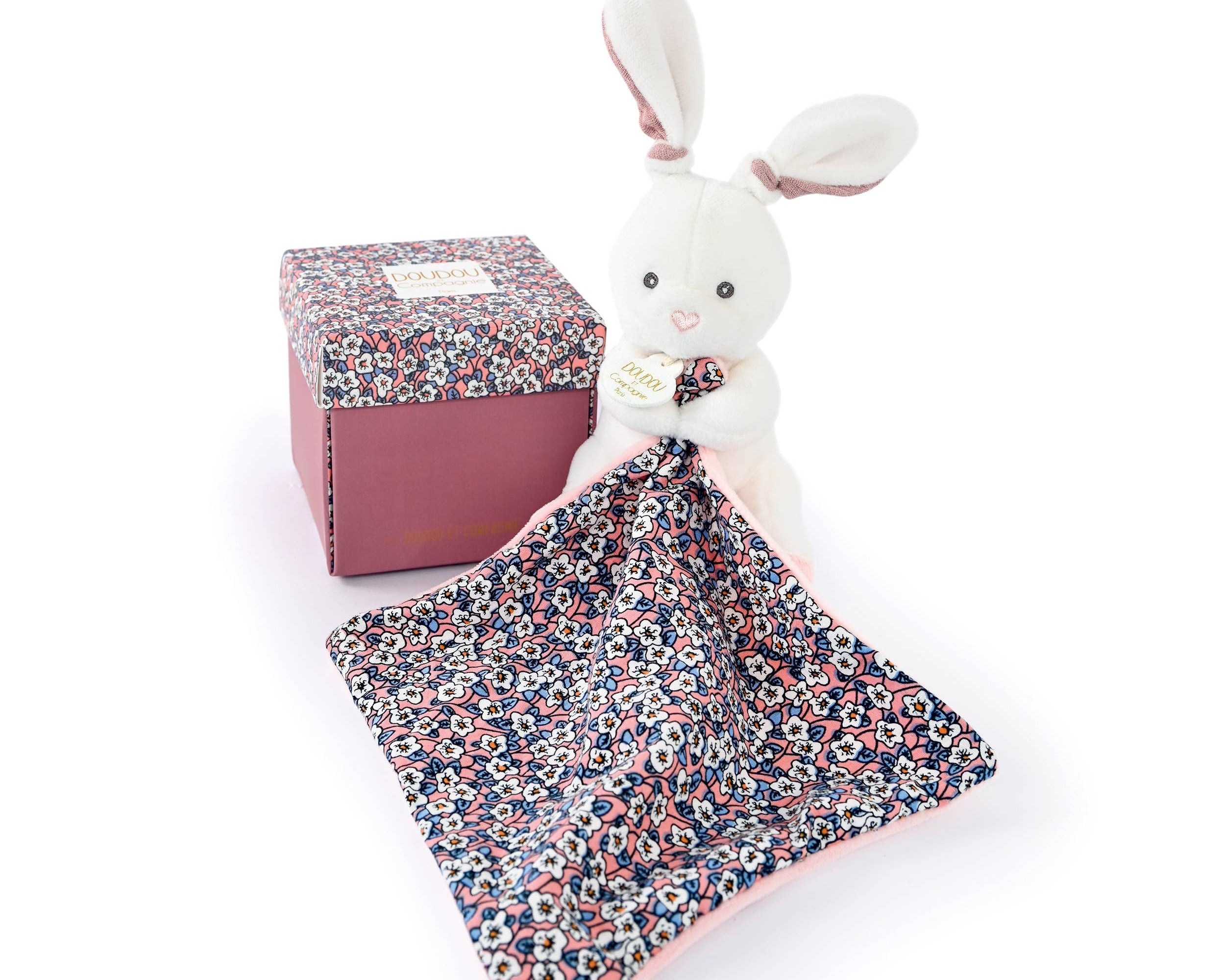 Doudou et Compagnie Pink Bunny Puppet with Floral Print