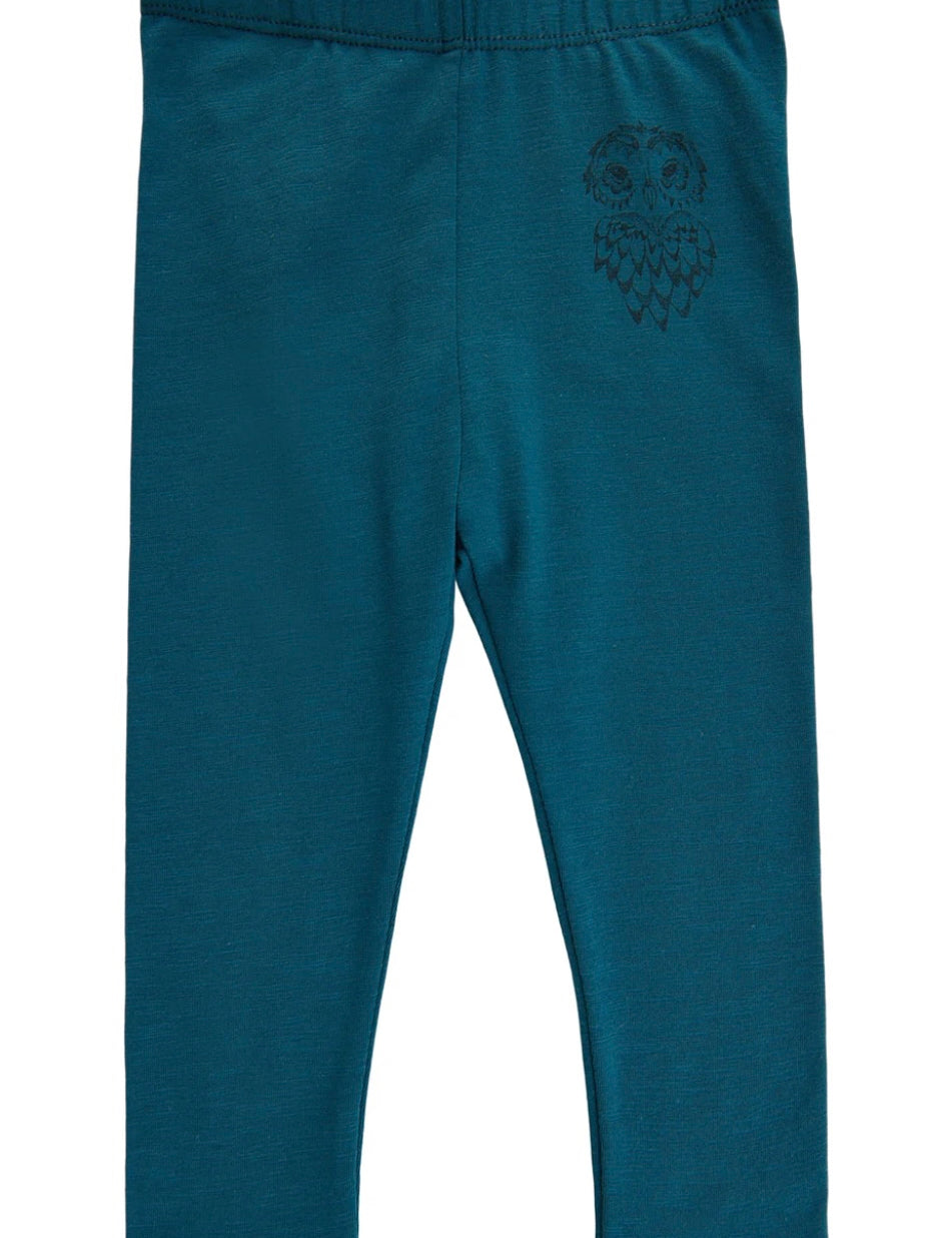 Teal leggings with owl embroidery for girls