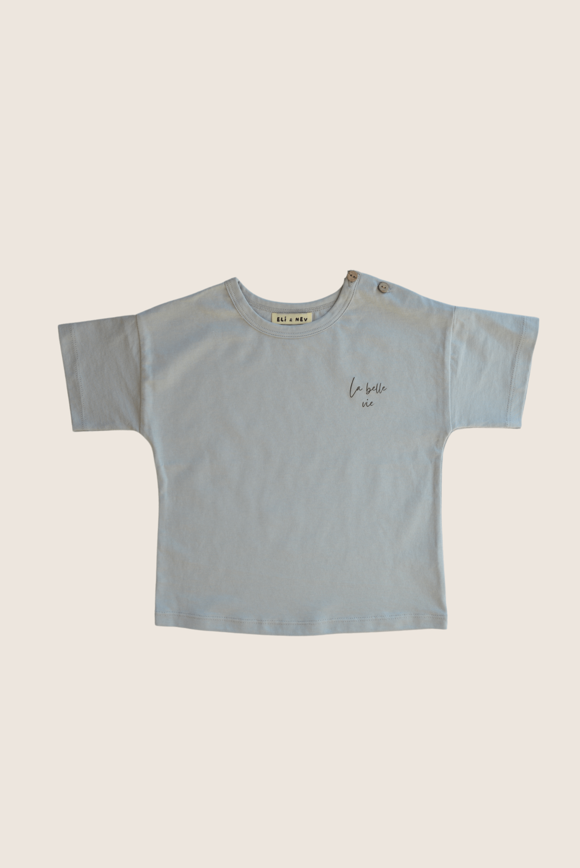Eli & Nev La Belle Vie cotton tee in grey, shoulder button, script print on the chest