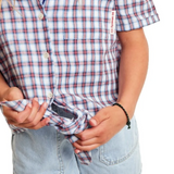 Blue and white checked blouse with short sleeves from the brand AO76 .