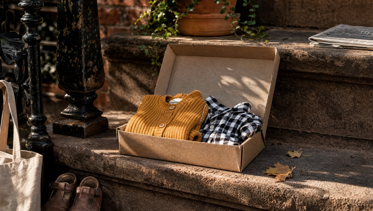 Folded kids clothes in an open kraft mailer box on a Brooklyn brownstone stoop