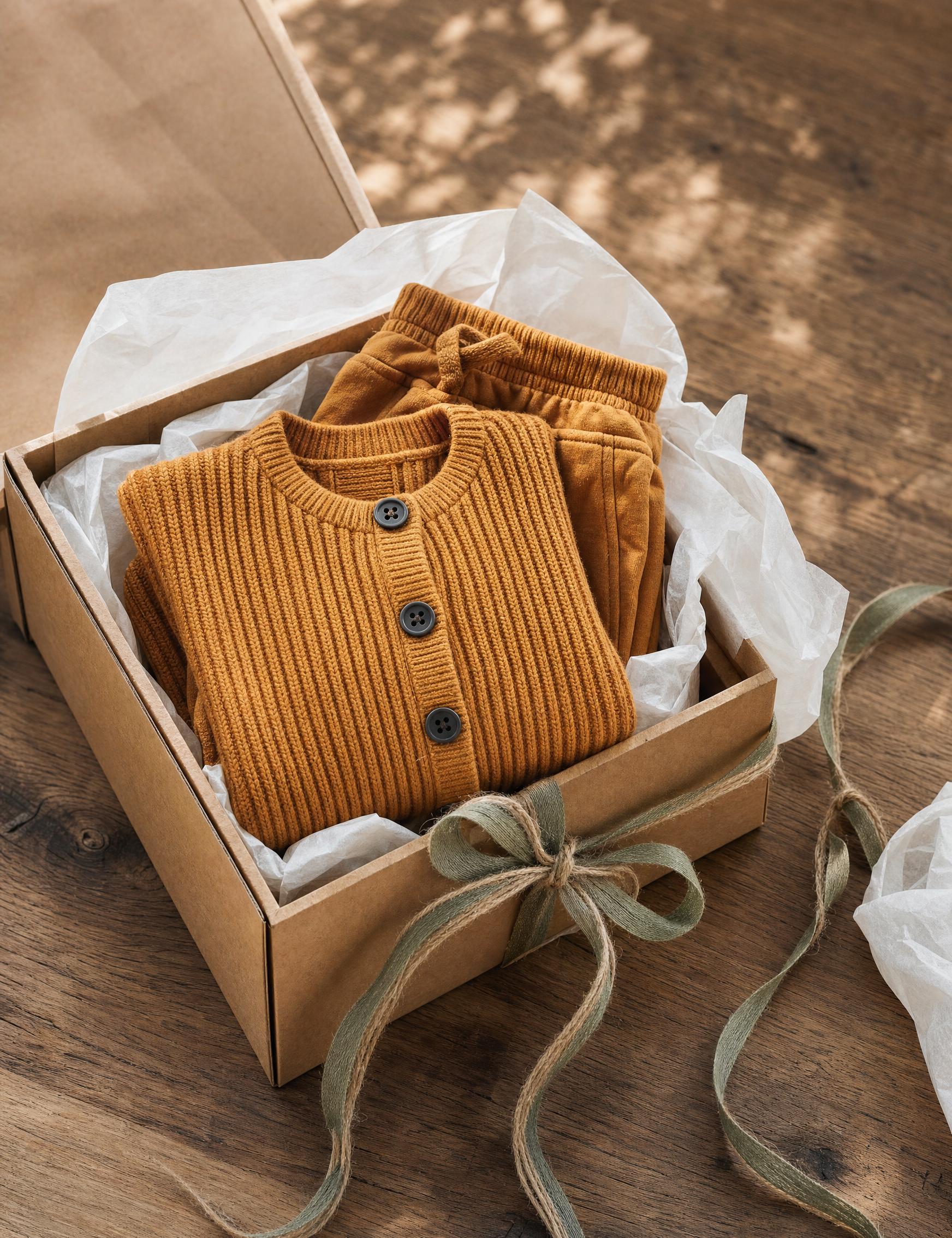 Mustard knit baby cardigan and joggers in a kraft gift box